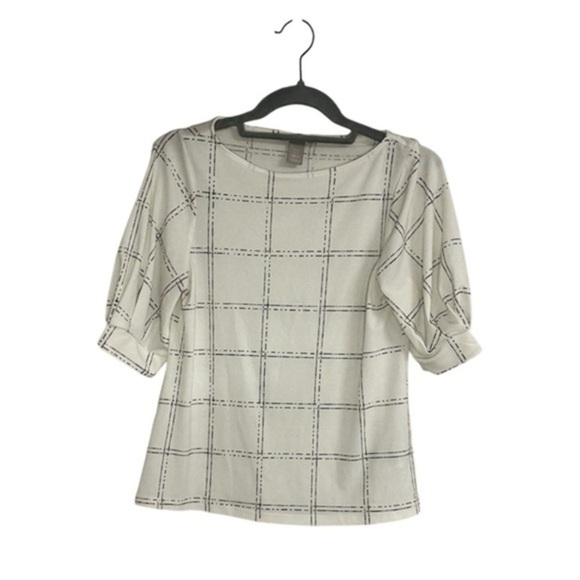 H&M Blouse White and Black Pattern Puff Sleeves printed business casual - Picture 1 of 3